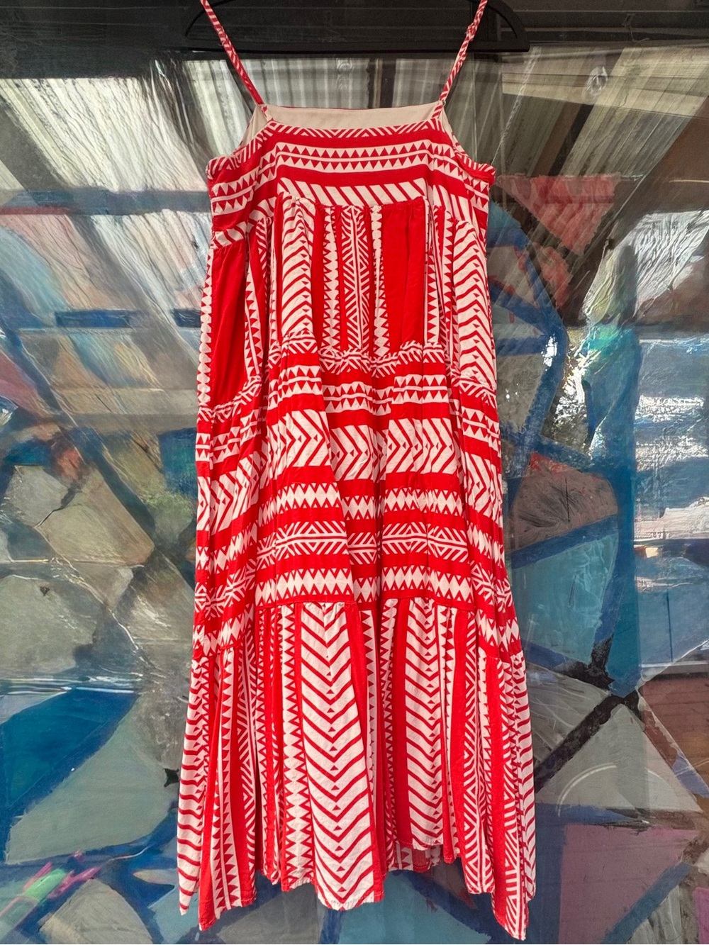 Jodifl Red & White Aztec Geometric Tiered Spaghetti Strap Maxi Dress - Sz Large